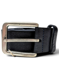 JAKE & IPI navy blue leather belt with a brushed silver metal buckle coiled on a white surface