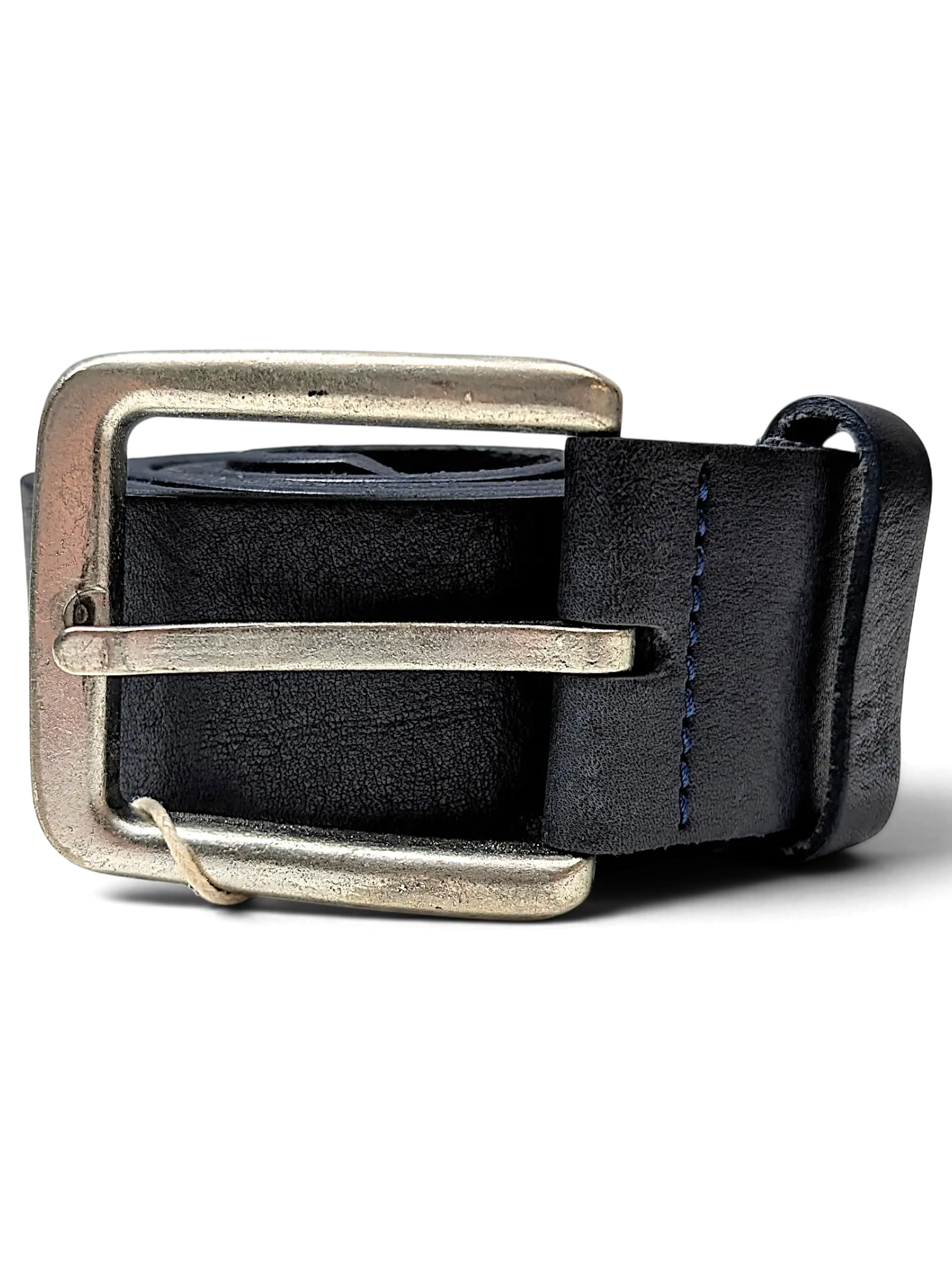 JAKE & IPI navy blue leather belt with a brushed silver metal buckle coiled on a white surface