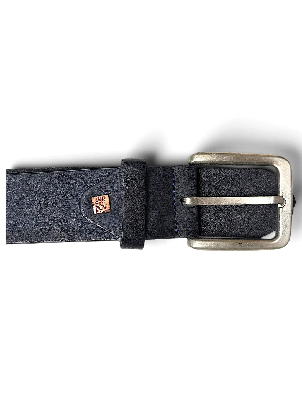 JAKE & IPI The Art Of Belt navy blue leather belt with a brushed silver metal buckle and copper logo detail