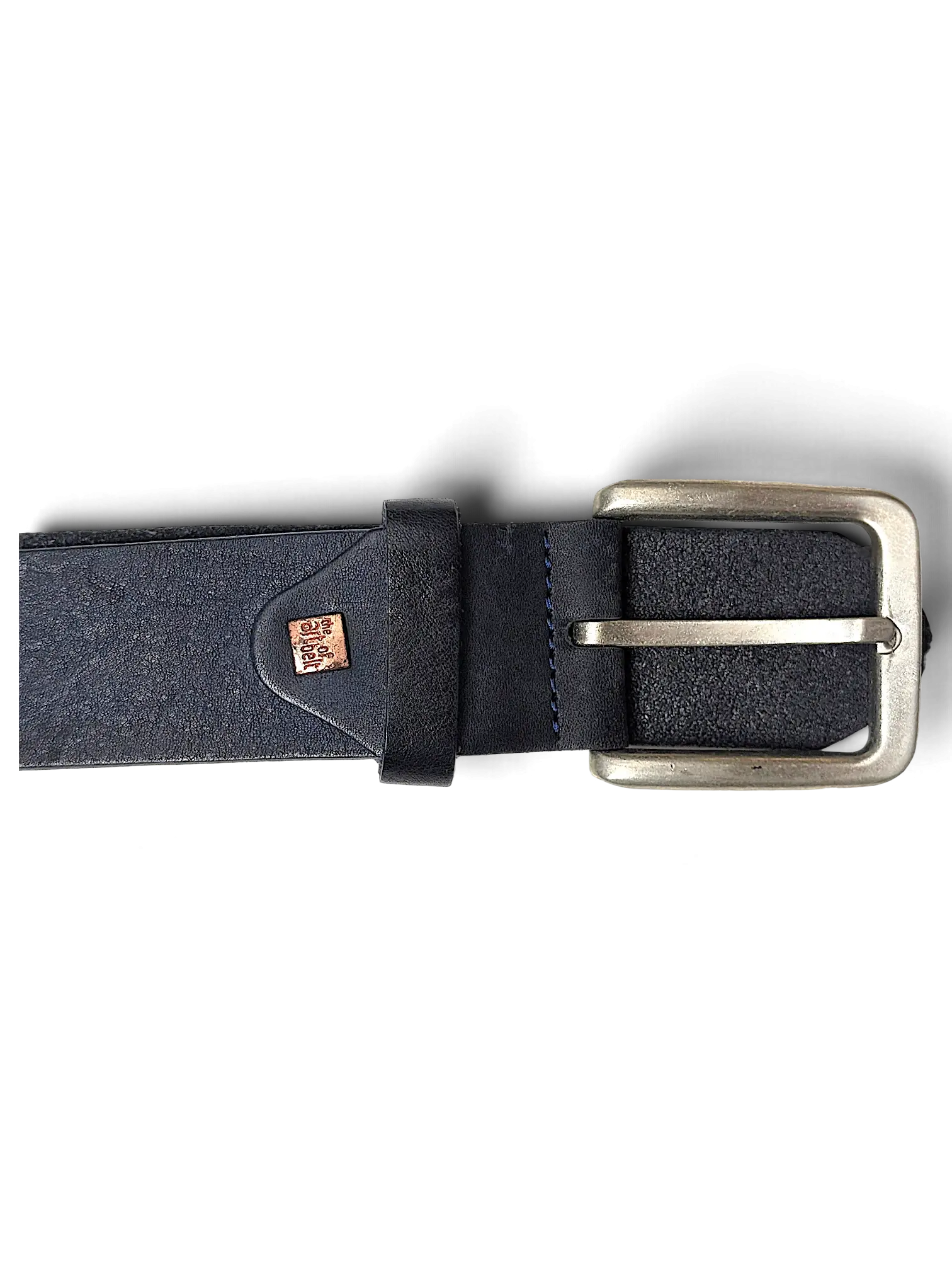 JAKE & IPI The Art Of Belt navy blue leather belt with a brushed silver metal buckle and copper logo detail