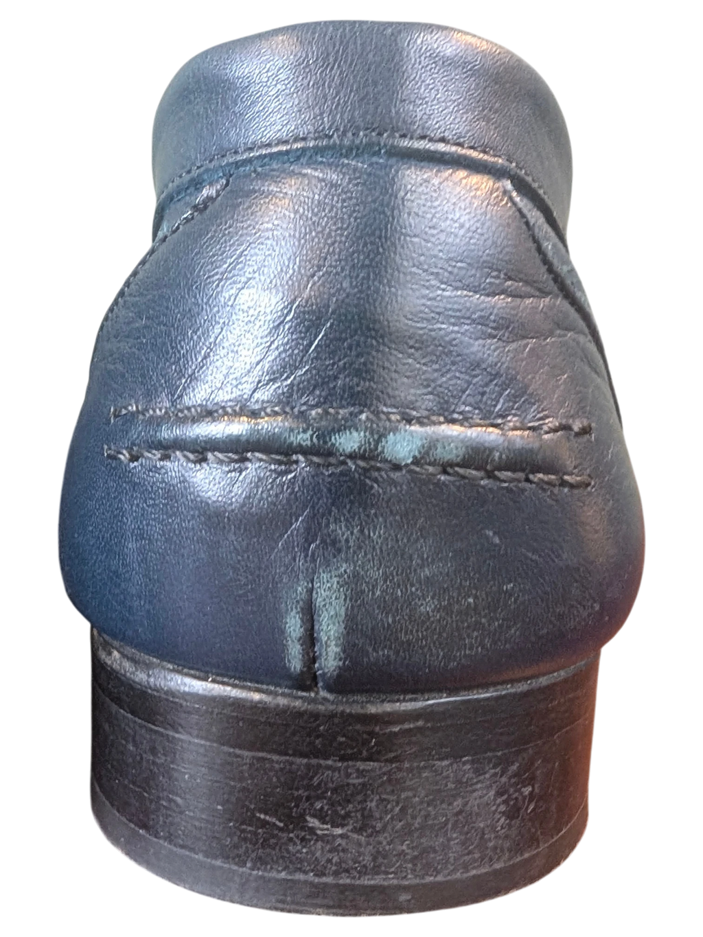 Rear view of JAKE & IPI navy blue leather loafers showing the heel and detailed stitching