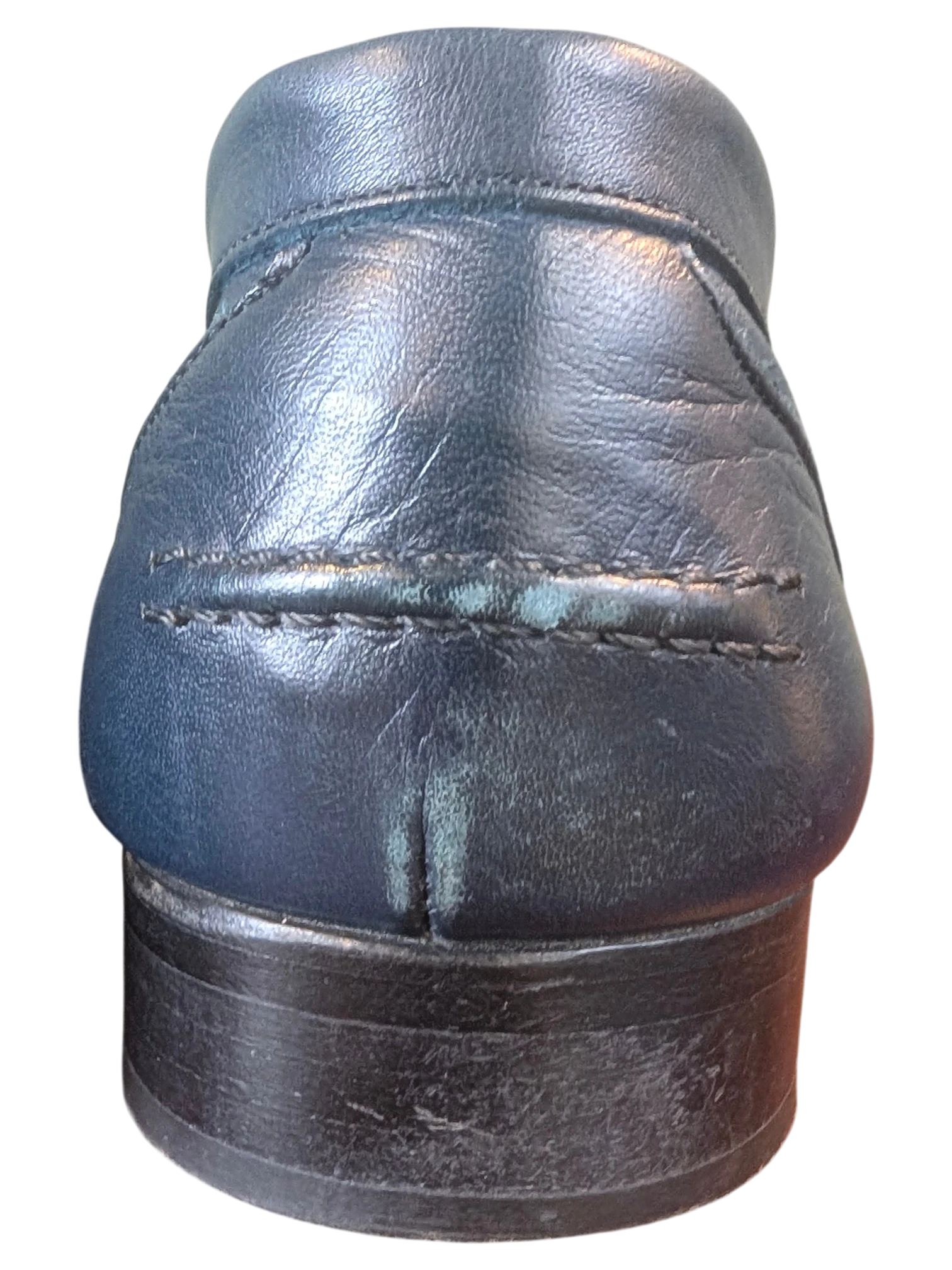 Rear view of JAKE & IPI navy blue leather loafers showing the heel and detailed stitching