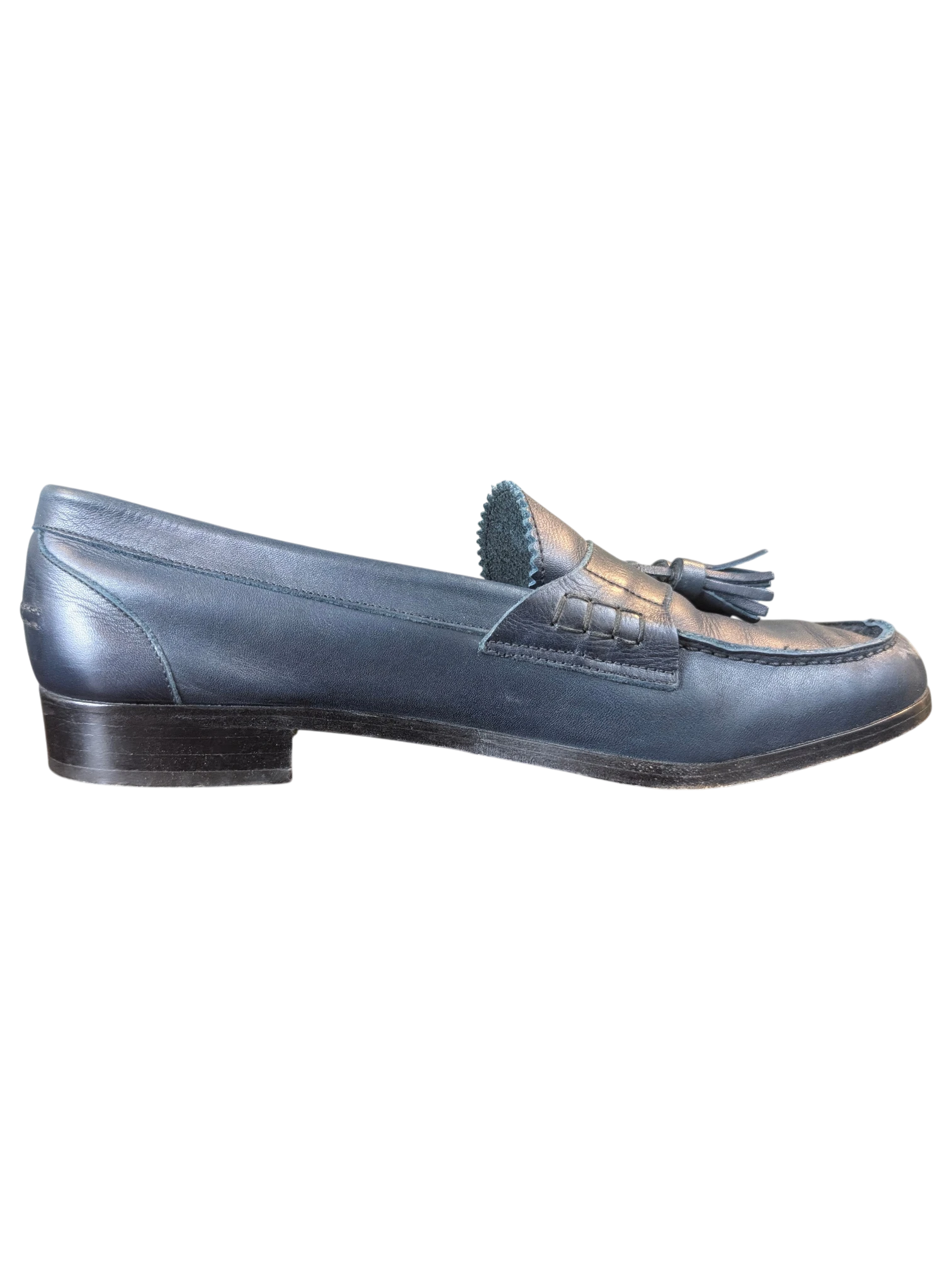 JAKE & IPI navy blue leather tassel loafers with a low block heel and classic moccasin stitching