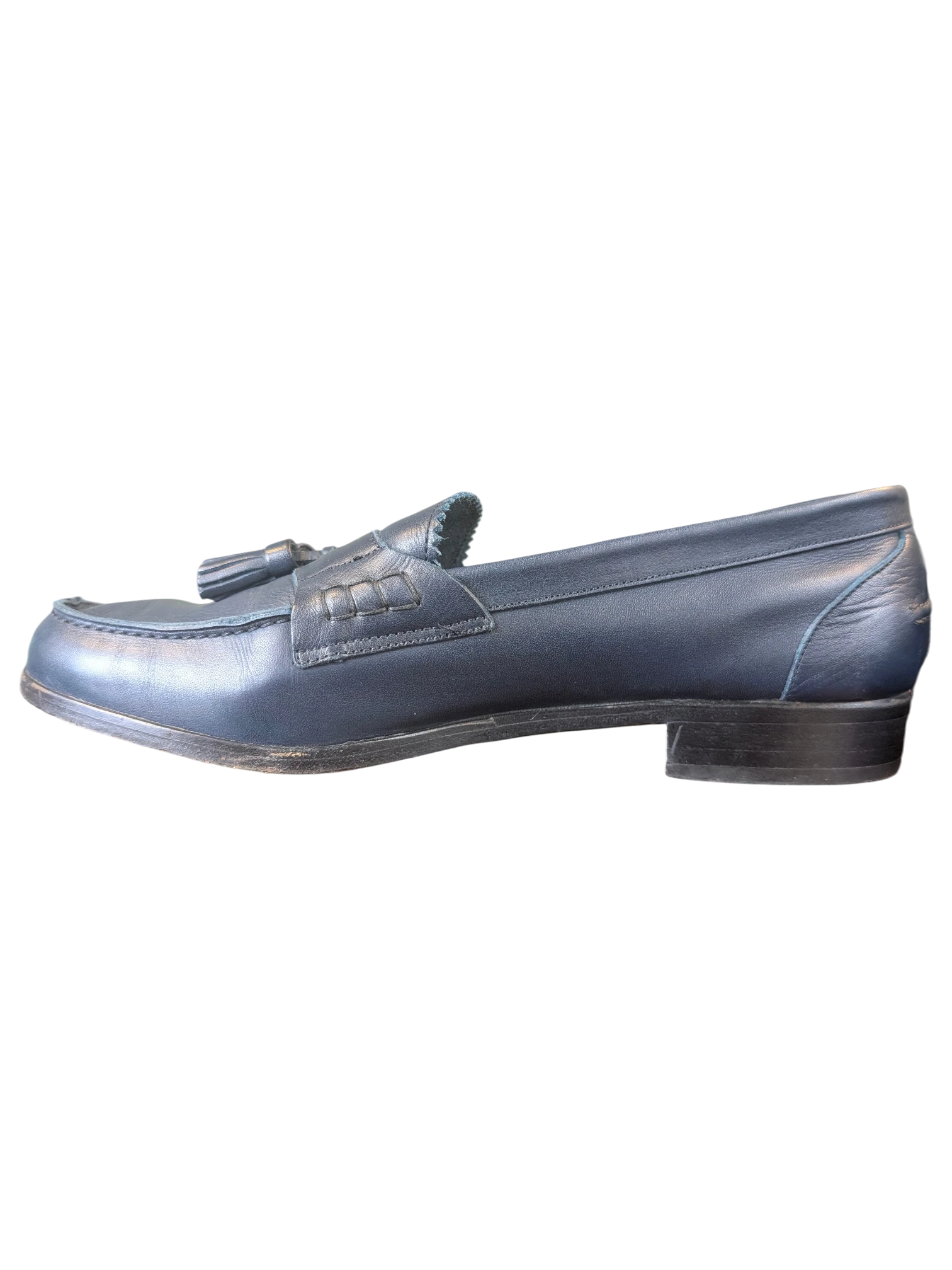 JAKE & IPI navy blue leather tassel loafers with a classic slip-on design and low block heel