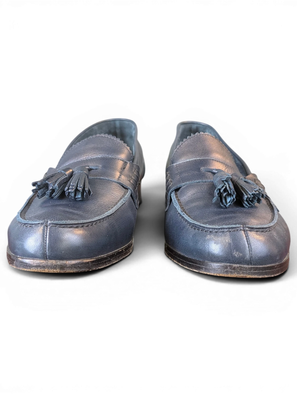 JAKE & IPI navy blue leather tassel loafers with a classic slip-on design and stitched detailing