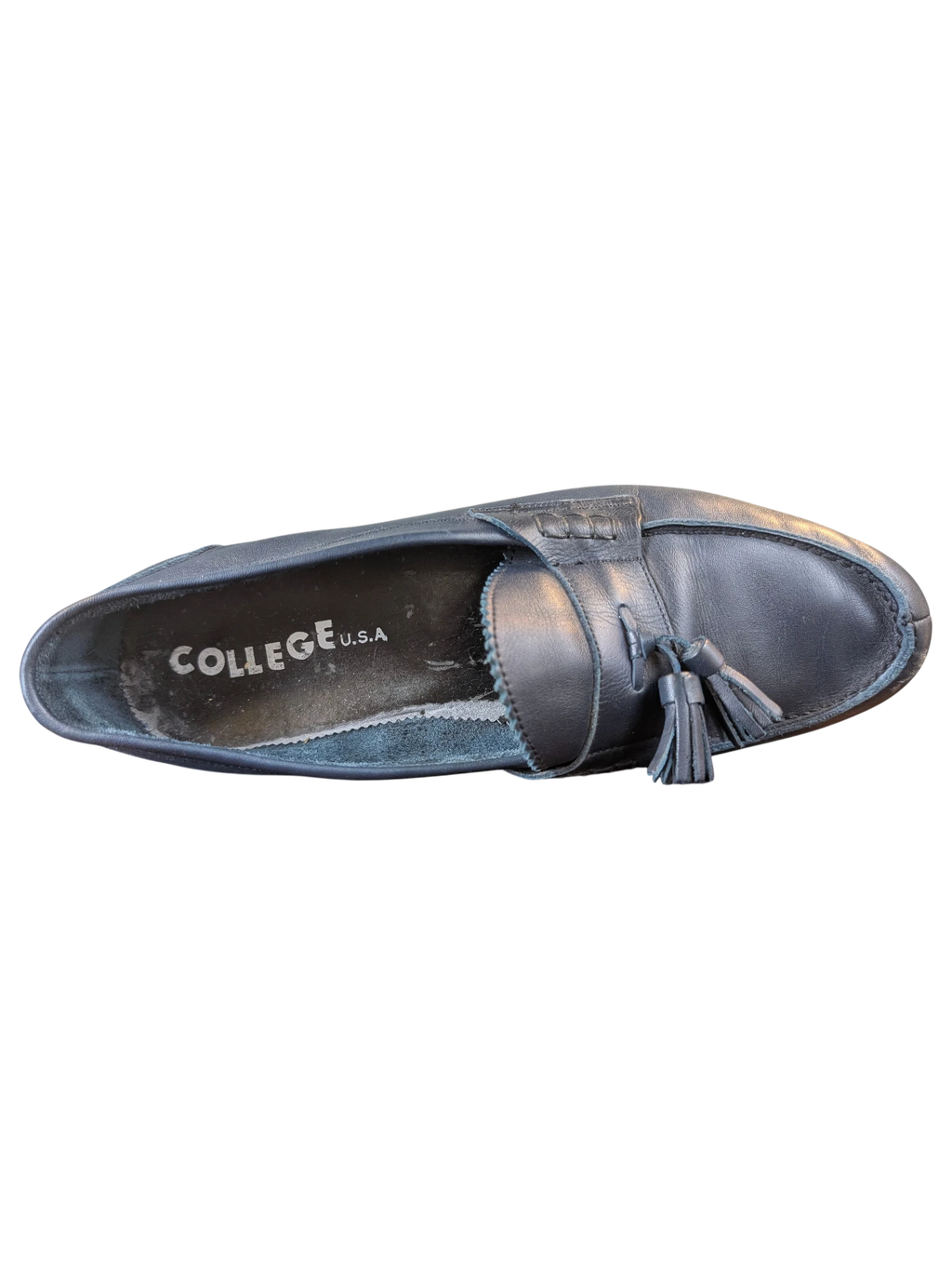 JAKE & IPI navy blue leather tassel loafers with College U.S.A branding on the insole, top-down view.