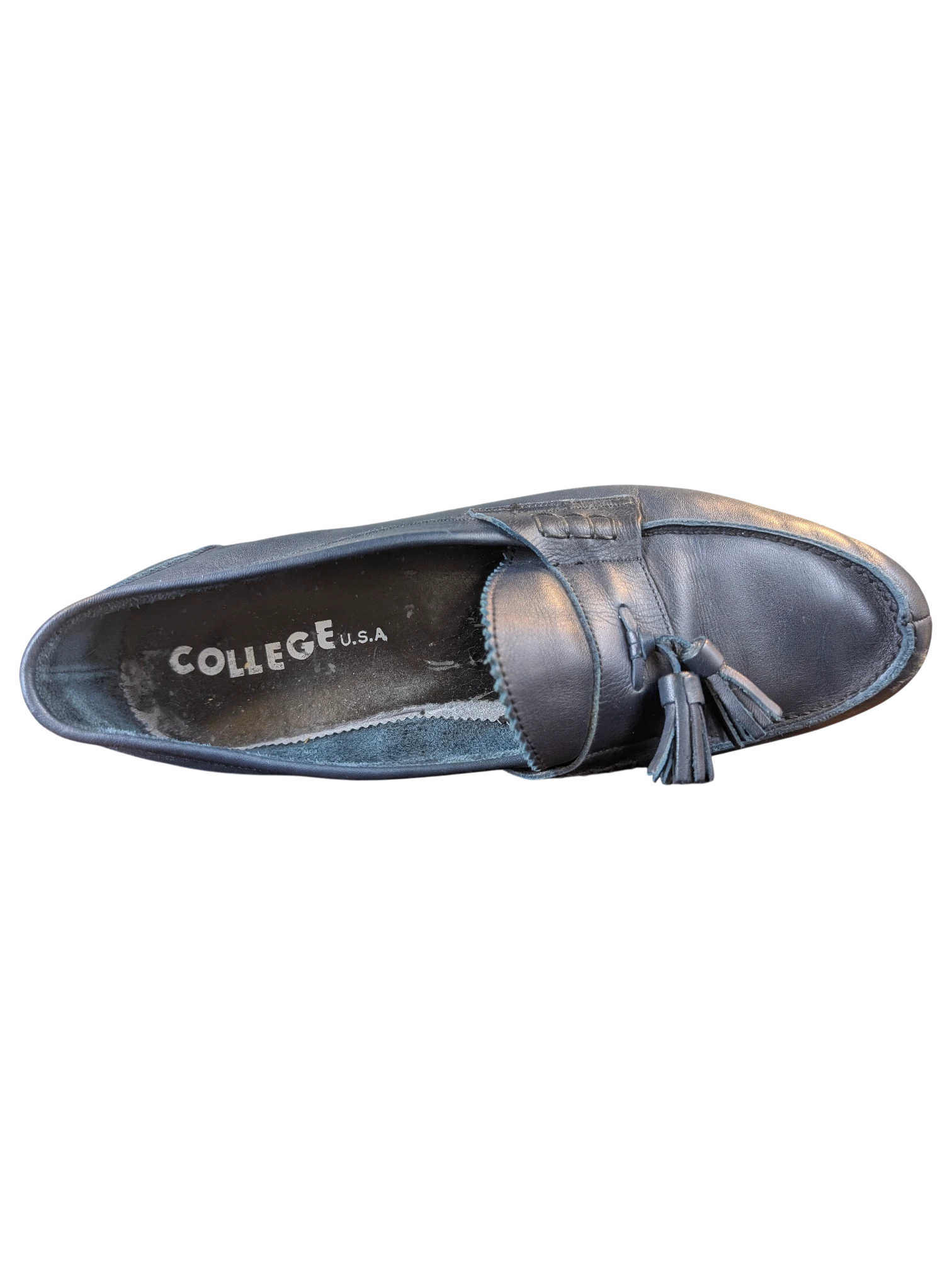 JAKE & IPI navy blue leather tassel loafers with College U.S.A branding on the insole, top-down view.