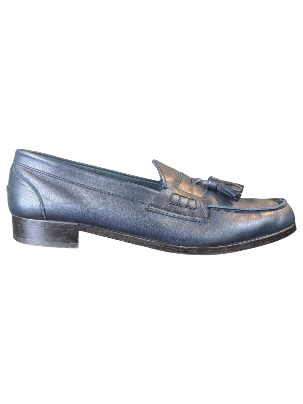 JAKE & IPI navy blue leather tassel loafers with a classic slip-on design and low stacked heel.
