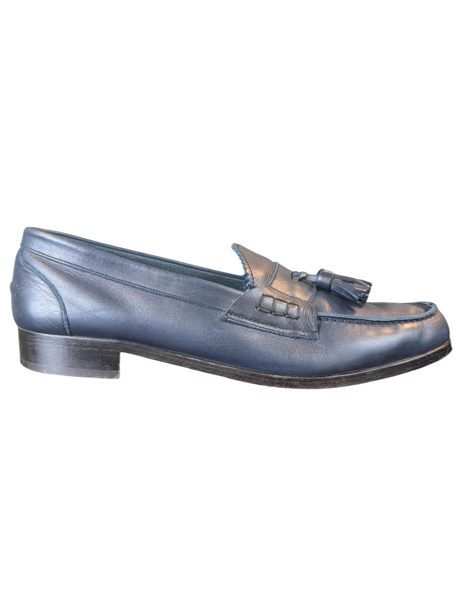 JAKE & IPI navy blue leather tassel loafers with a classic slip-on design and low stacked heel.