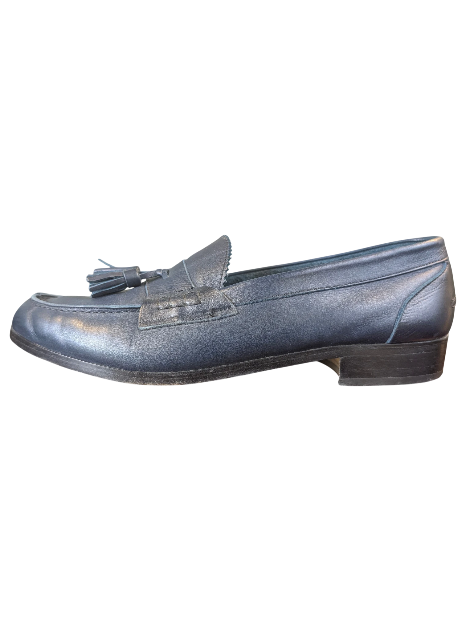 JAKE & IPI navy blue leather tassel loafers with a low block heel, side profile view.