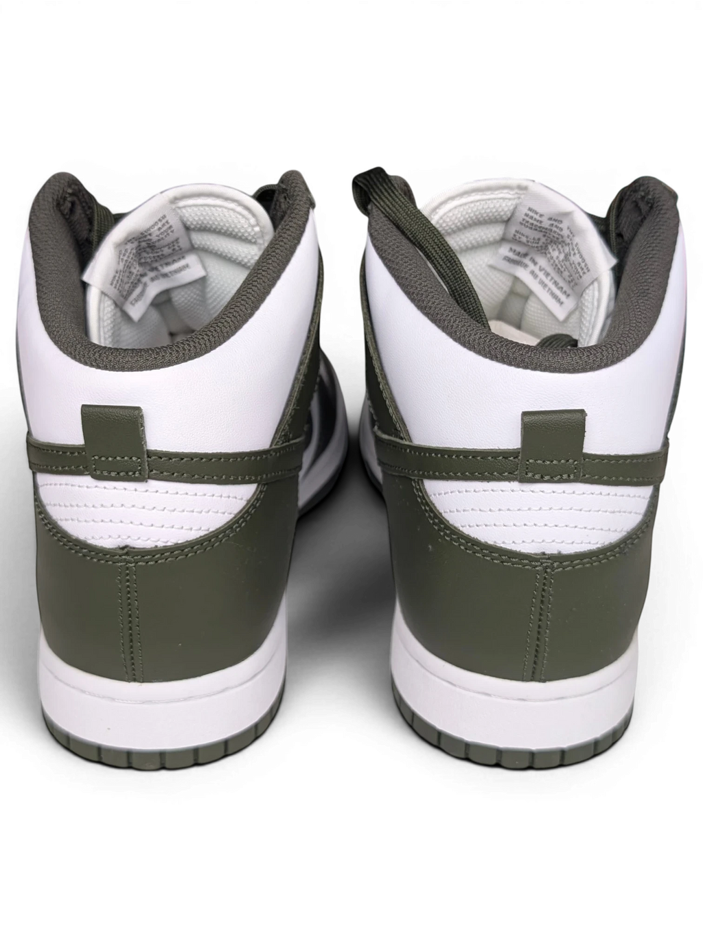 JAKE & IPI Nike Dunk High sneakers in white and Cargo Khaki, rear view showing high-top silhouette and leather detail