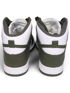JAKE & IPI Nike Dunk High sneakers in white and Cargo Khaki, rear view showing high-top silhouette and leather detail