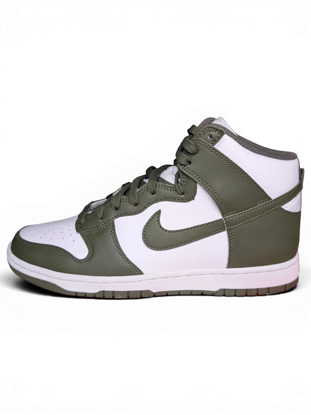 JAKE & IPI Nike Dunk High sneakers in white and Cargo Khaki leather with a side profile view.
