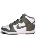 JAKE & IPI Nike Dunk High sneakers in white and Cargo Khaki leather with a side profile view.