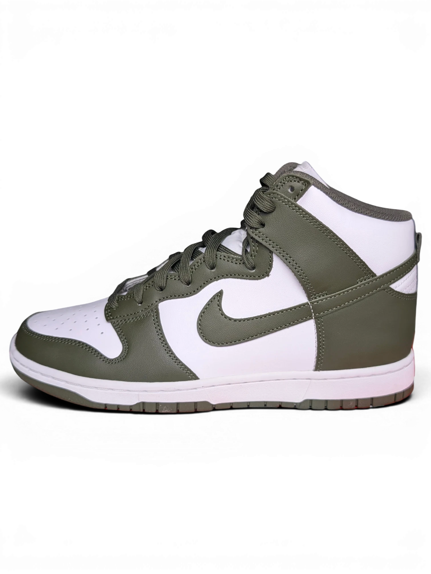JAKE & IPI Nike Dunk High sneakers in white and Cargo Khaki leather with a side profile view.