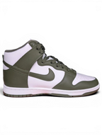 JAKE & IPI Nike Dunk High sneakers in white and Cargo Khaki leather with a high-top silhouette and side swoosh.