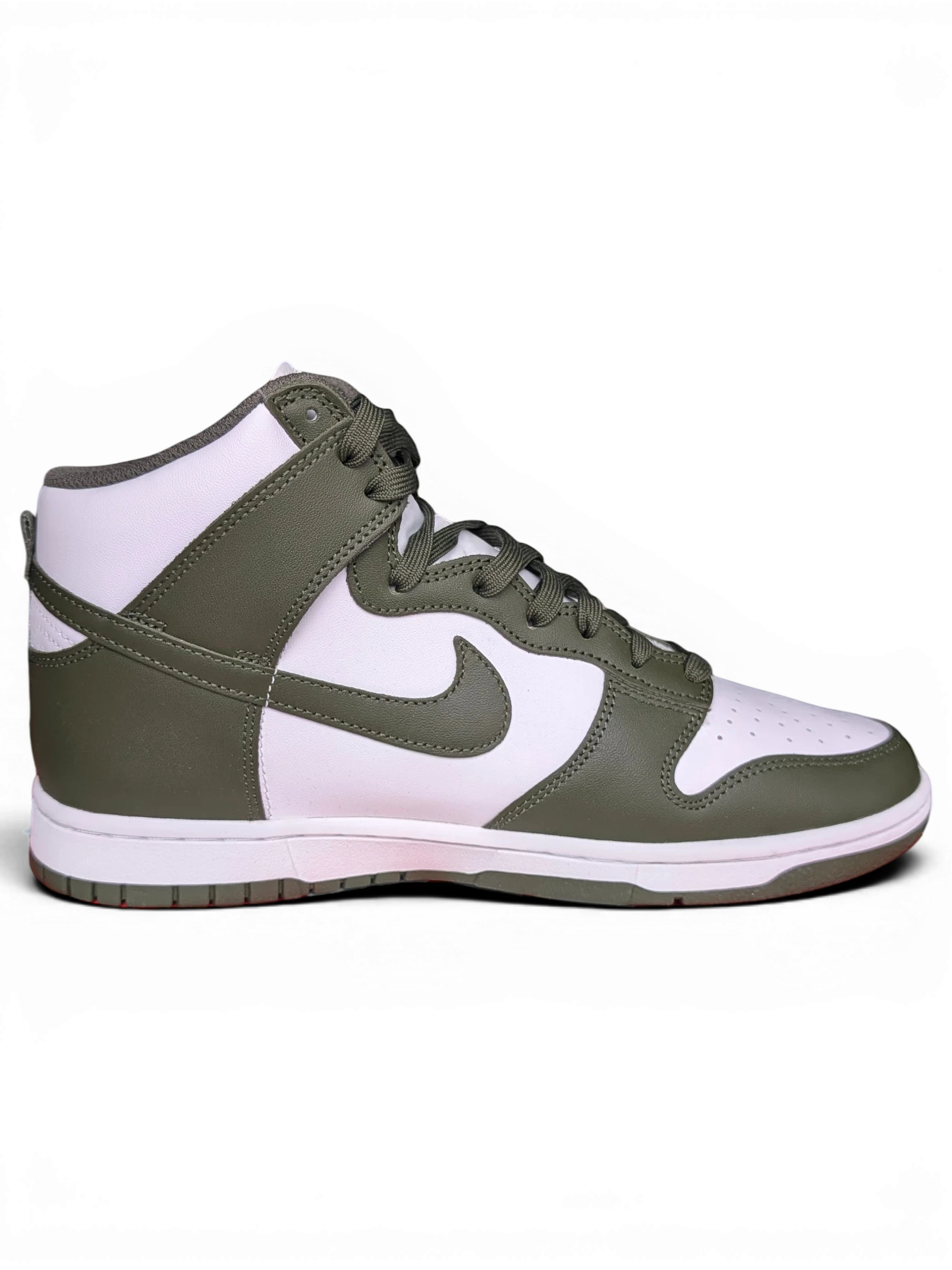 JAKE & IPI Nike Dunk High sneakers in white and Cargo Khaki leather with a high-top silhouette and side swoosh.