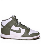 JAKE & IPI Nike Dunk High sneakers in white and Cargo Khaki leather with a high-top silhouette and side profile view.