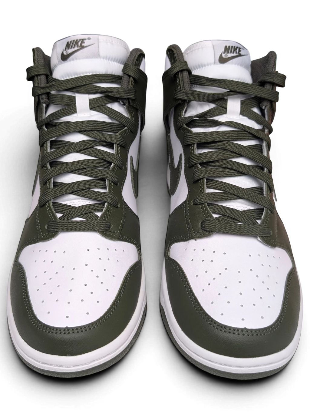 JAKE & IPI Nike Dunk High sneakers in white and Cargo Khaki leather with matching olive green laces.