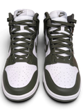 JAKE & IPI Nike Dunk High sneakers in white and Cargo Khaki leather with matching olive green laces.