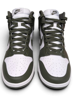 JAKE & IPI Nike Dunk High sneakers in white and Cargo Khaki leather with matching olive green laces.