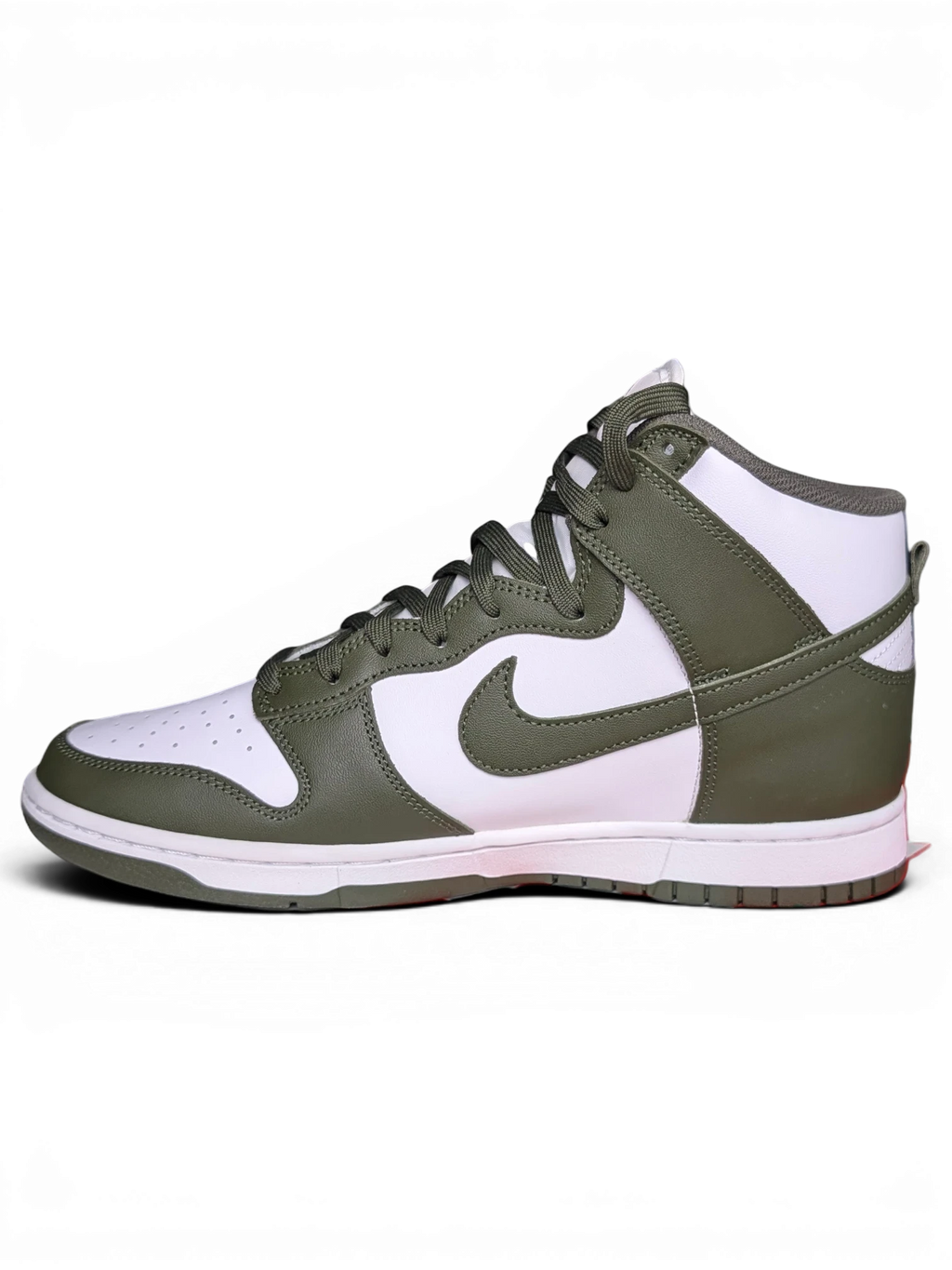 JAKE & IPI Nike Dunk High sneakers in white and Cargo Khaki leather with a side profile view.
