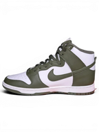 JAKE & IPI Nike Dunk High sneakers in white and Cargo Khaki leather with a side profile view.