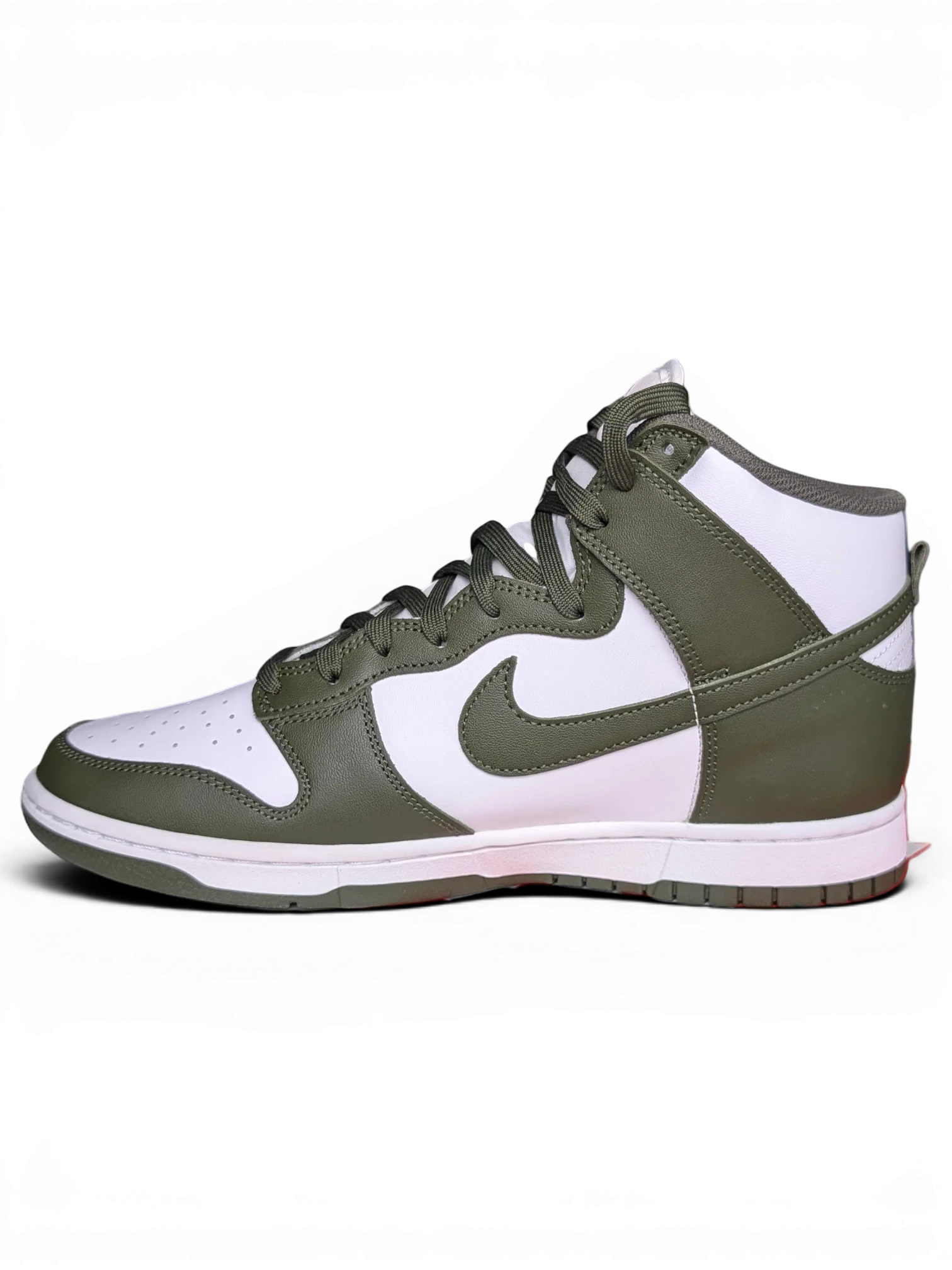 JAKE & IPI Nike Dunk High sneakers in white and Cargo Khaki leather with a side profile view.
