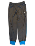 JAKE & IPI pre-owned Nike grey polyester track pants with blue piping, contrast cuffs, and white Swoosh logo.