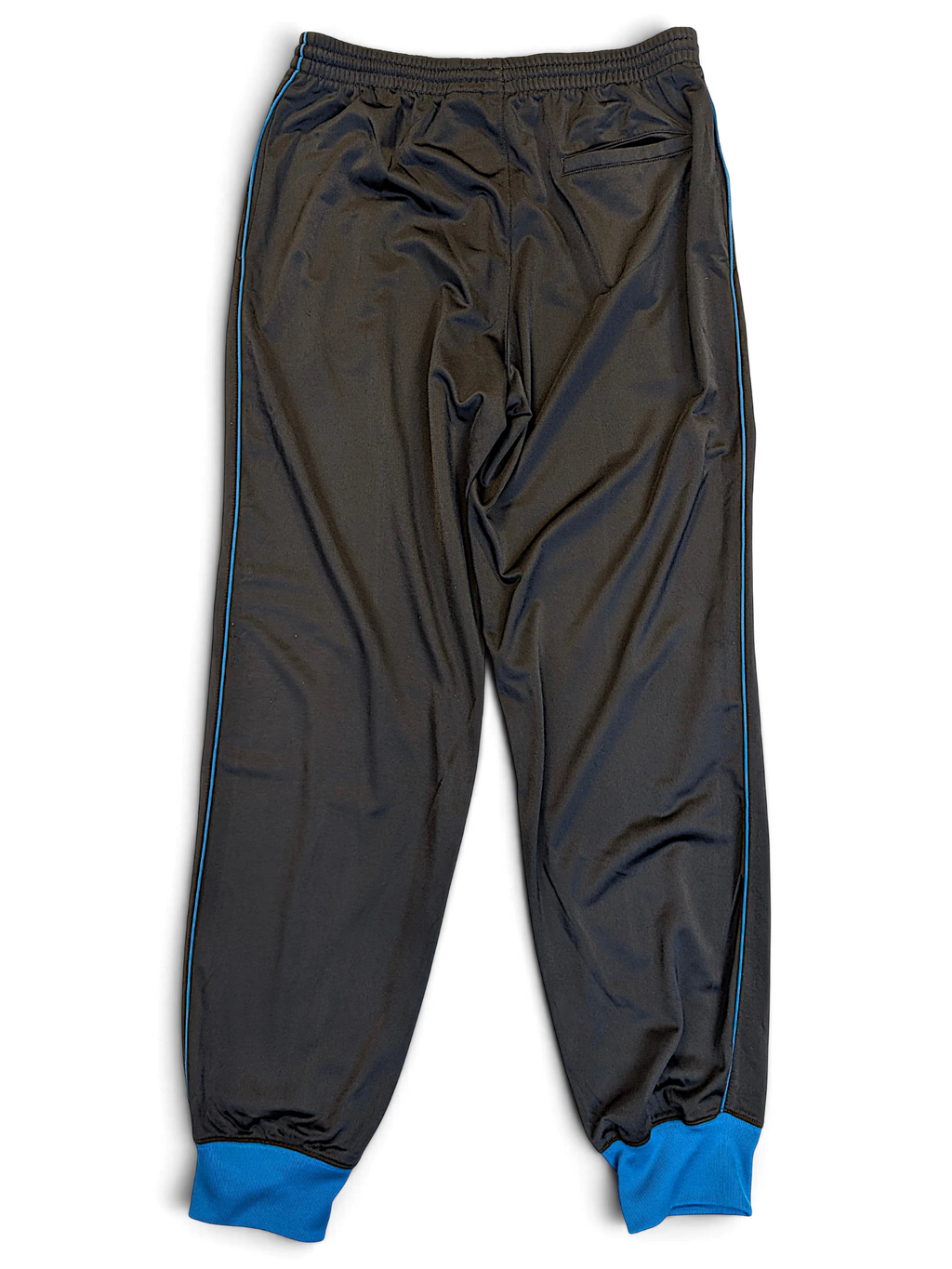 JAKE & IPI pre-owned Nike polyester track pants in grey and black with blue piping and blue cuffed ankles