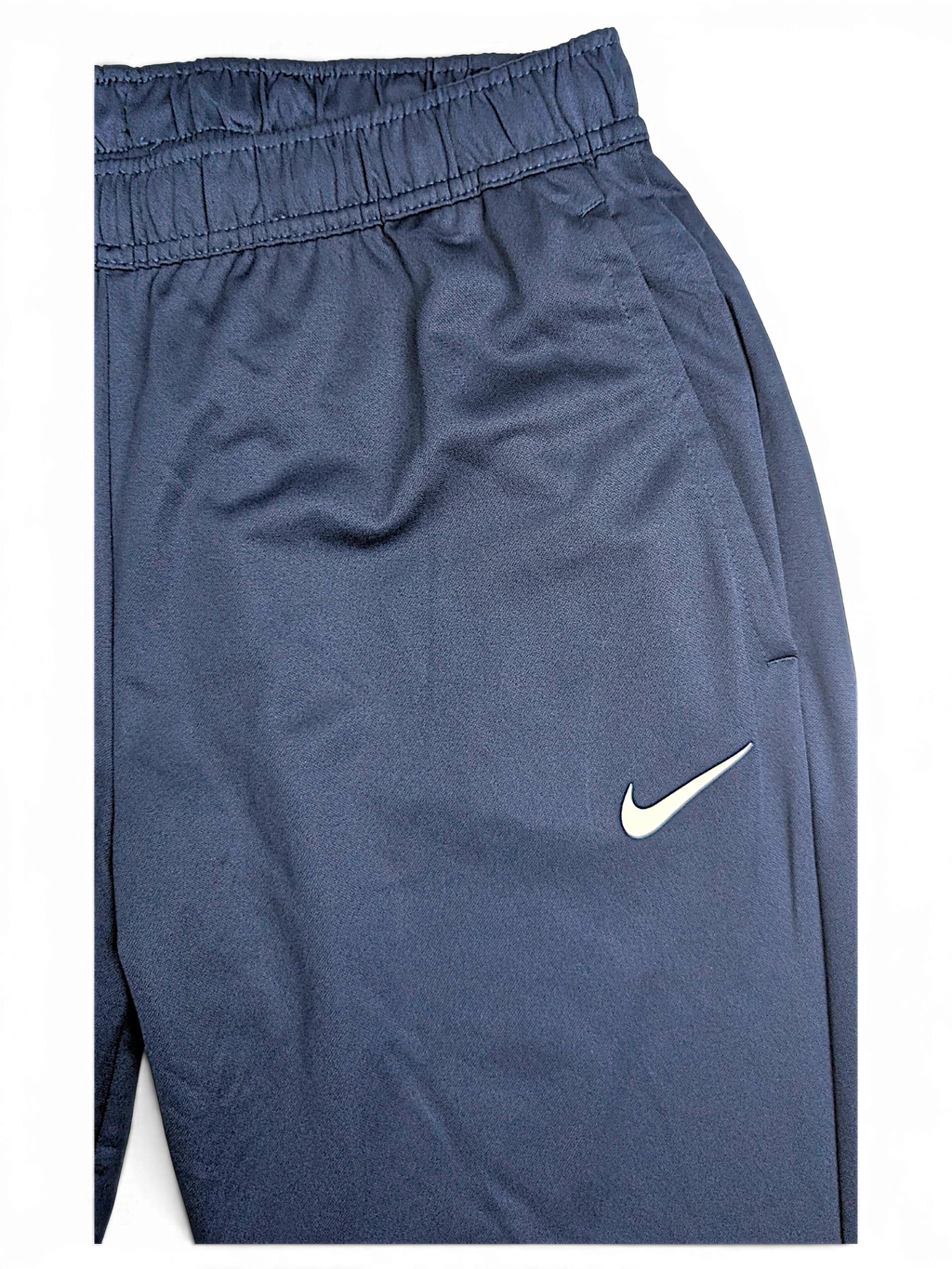 JAKE & IPI pre-owned navy blue Nike Dri-FIT performance track pants with elastic waistband and white swoosh logo