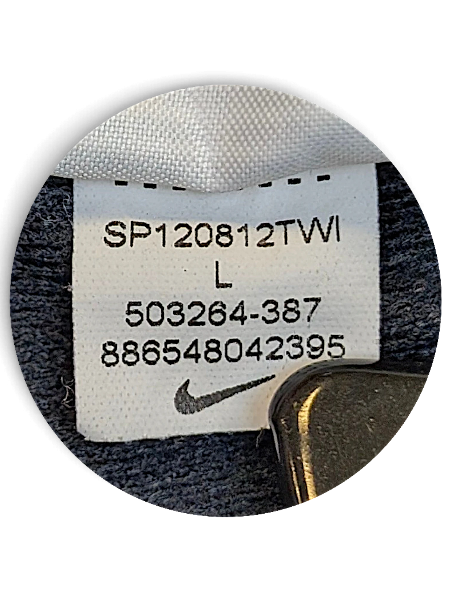 JAKE & IPI Nike track pants size L label showing style code 503264-387 and Swoosh logo