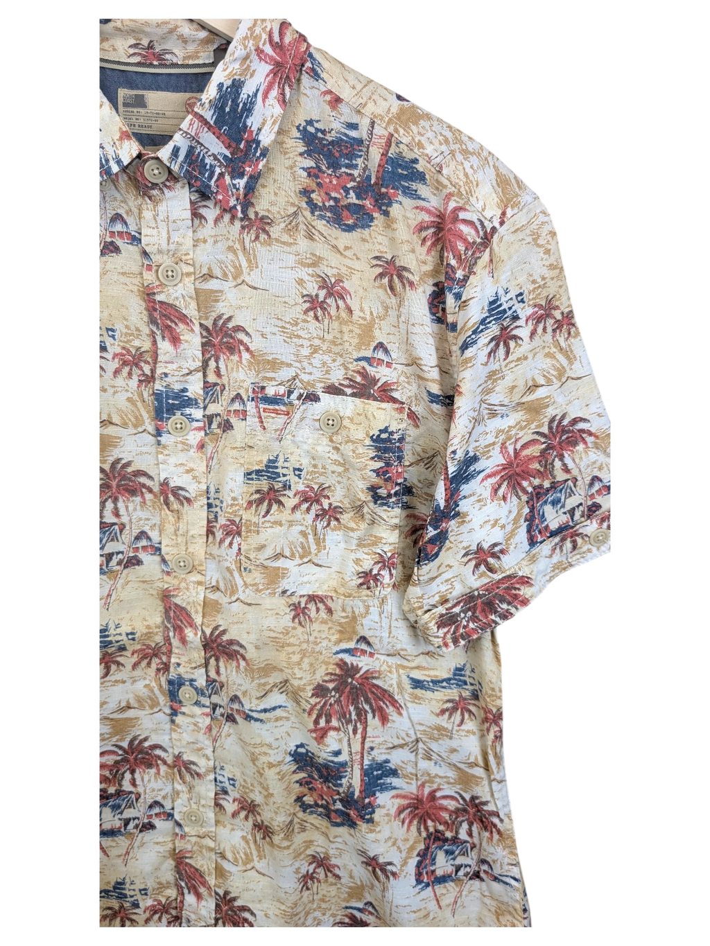 JAKE & IPI North Coast Hawaiian shirt featuring a beige tropical palm tree and beach print with button-down front.