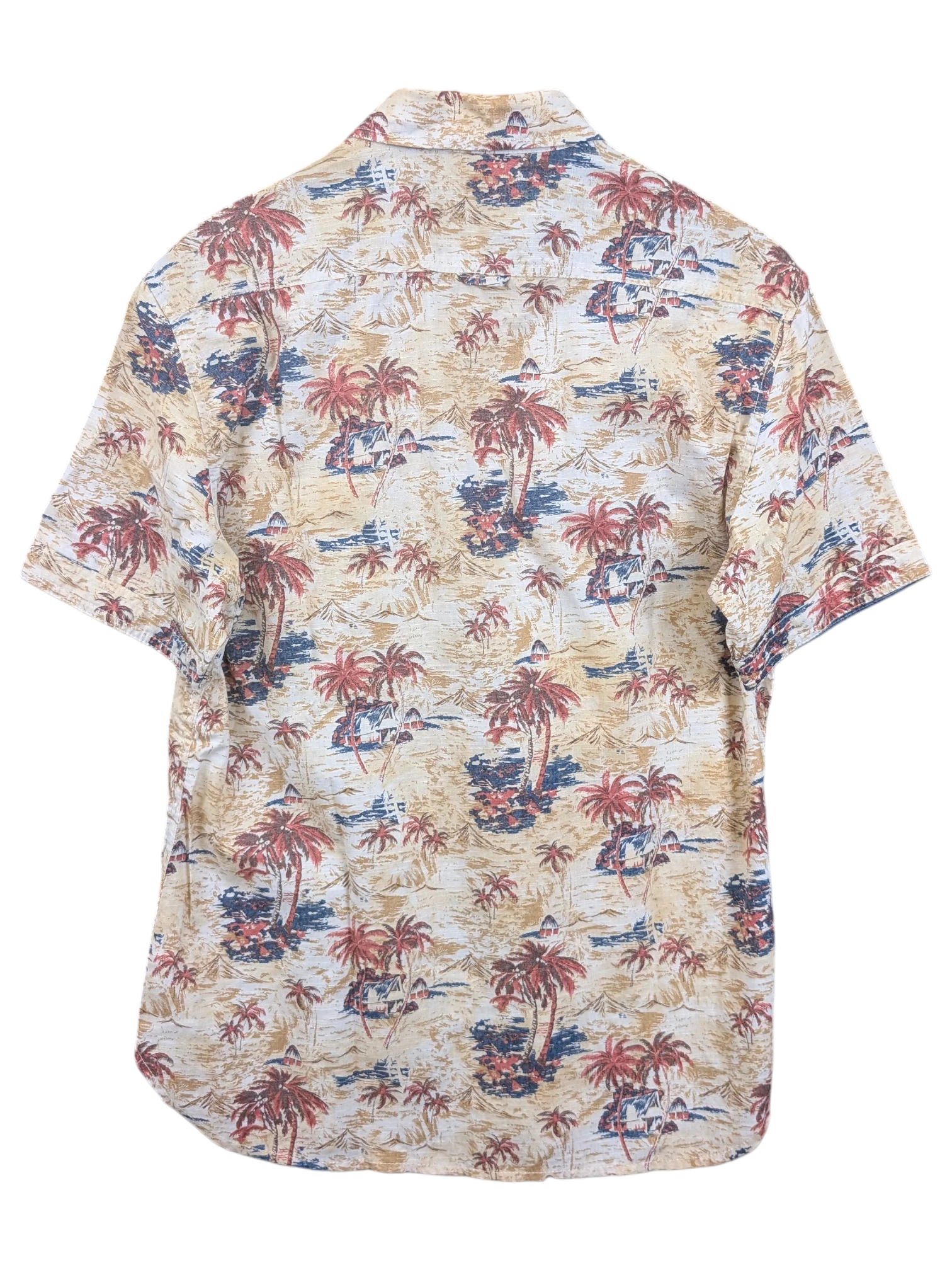 JAKE & IPI North Coast Hawaiian shirt featuring a tropical palm tree and beach print in tan, red, and blue tones.