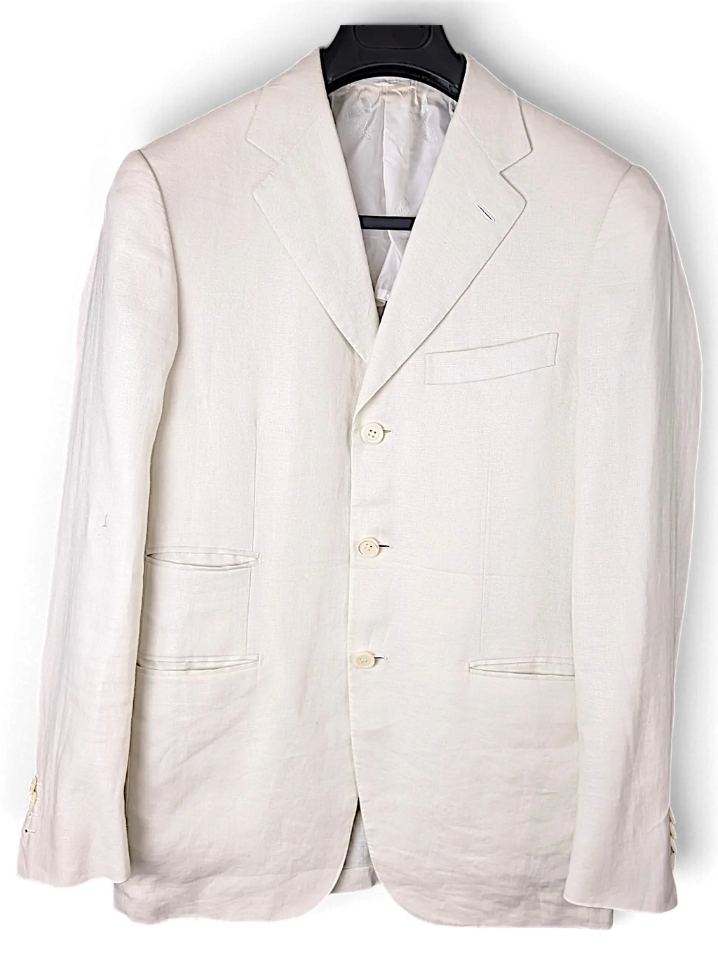 JAKE & IPI IBE Brioni off-white linen suit jacket with three-button closure and notch lapels on a hanger