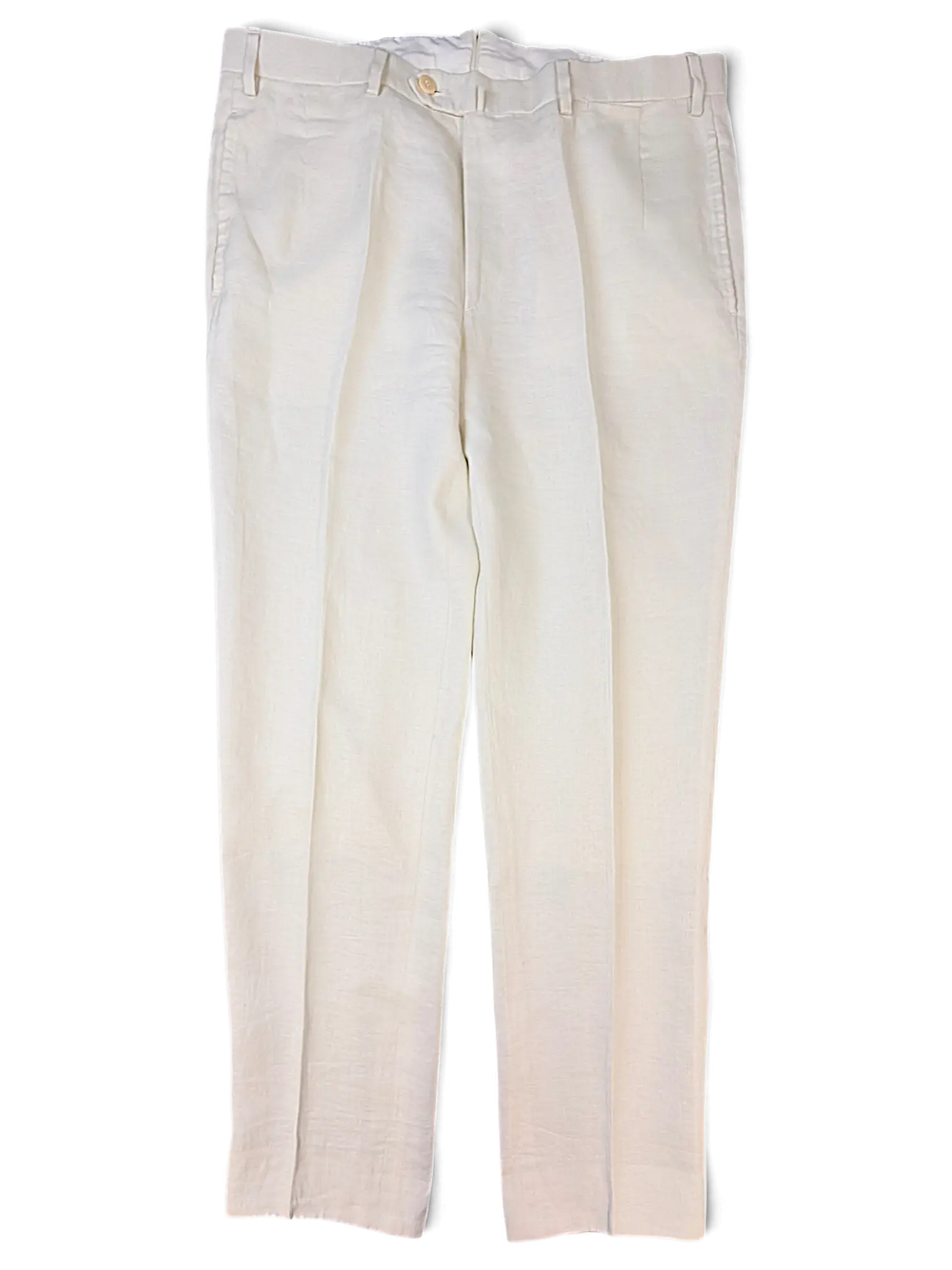 JAKE & IPI IBE Brioni off-white linen suit trousers with a tailored pleated front and button closure