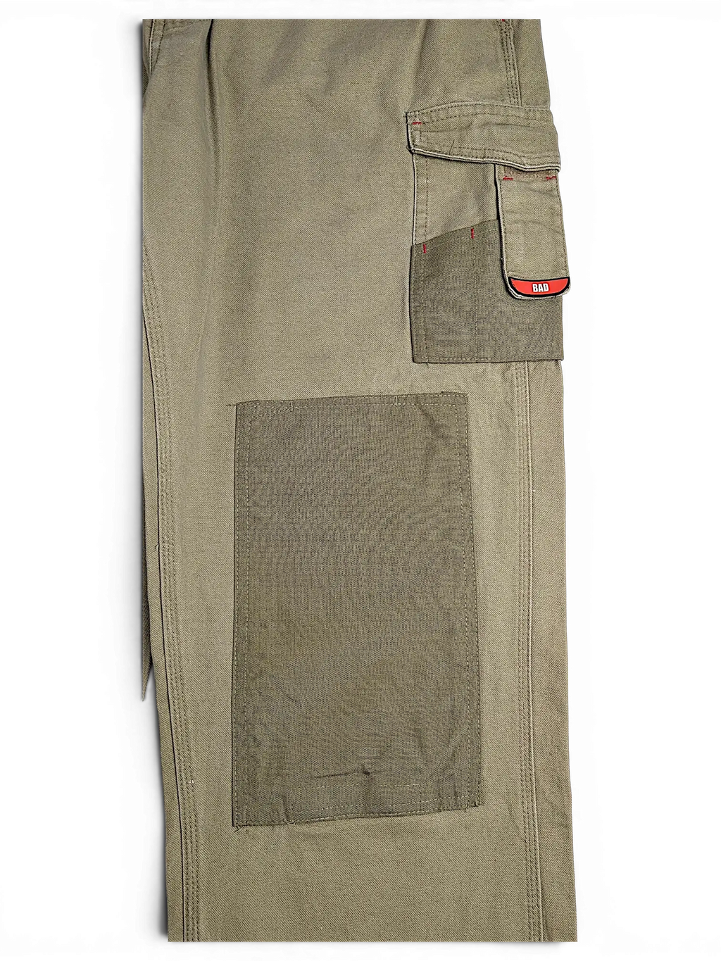 JAKE & IPI Bad Get It On olive green double knee workwear pants with cargo pocket and red logo detail