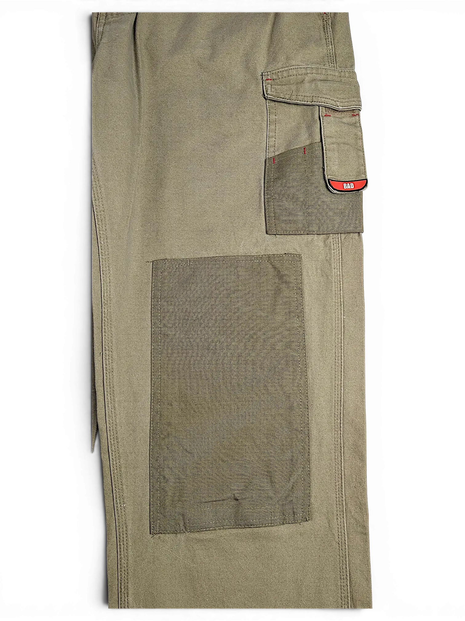 JAKE & IPI Bad Get It On olive green double knee workwear pants with cargo pocket and red logo detail
