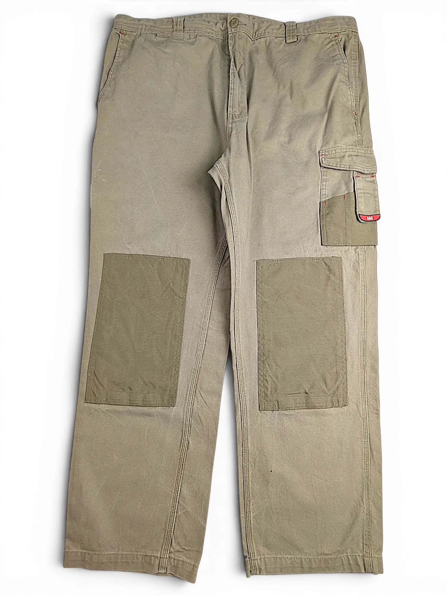 JAKE & IPI Bad Get It On olive green double knee workwear pants with cargo pockets and red accent stitching.