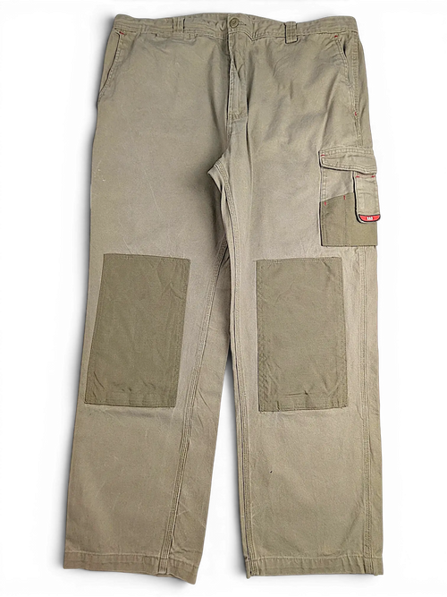 JAKE & IPI Bad Get It On olive green double knee workwear pants with cargo pockets and red accent stitching.