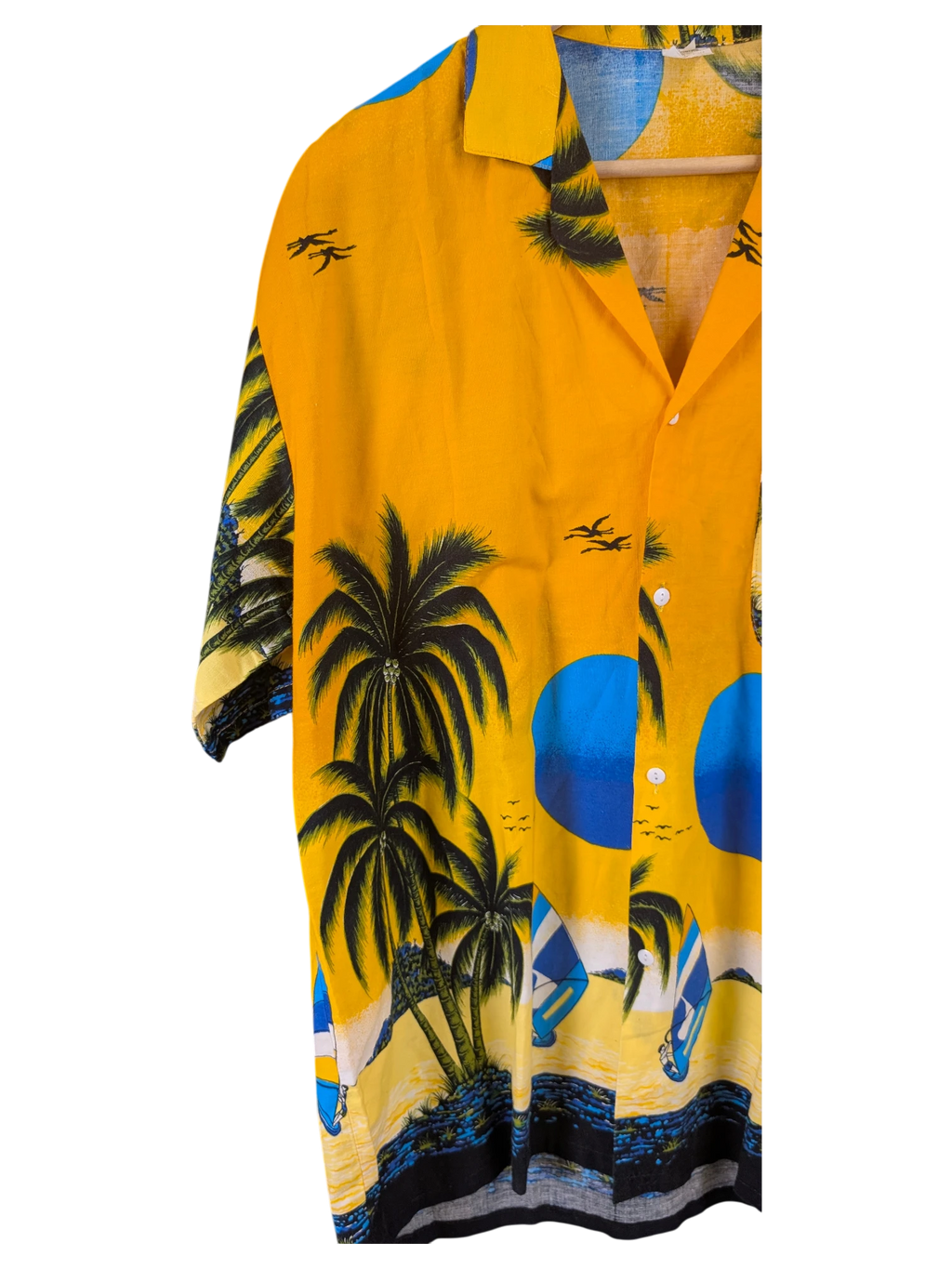 JAKE & IPI orange Hawaiian shirt featuring a tropical beach print with palm trees, sailboats, and a blue sun design.
