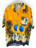 JAKE & IPI orange Hawaiian shirt featuring a tropical beach print with palm trees and windsurfers on a button-down.