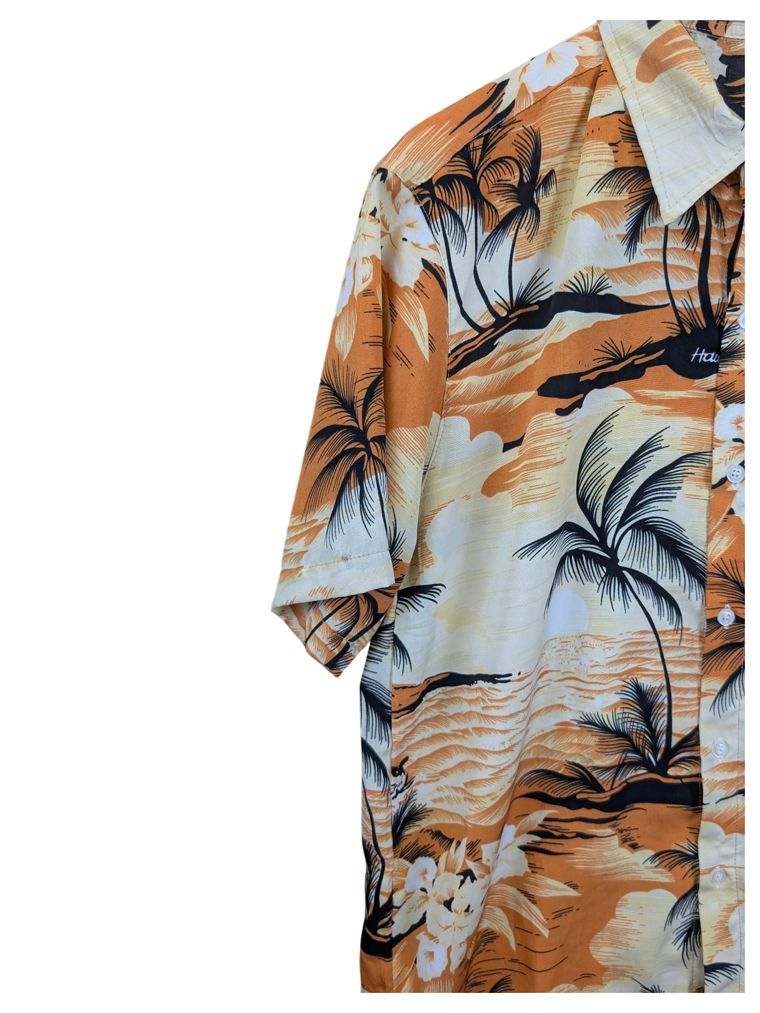 JAKE & IPI orange and cream Hawaiian shirt featuring a tropical palm tree and floral print with a button-up front
