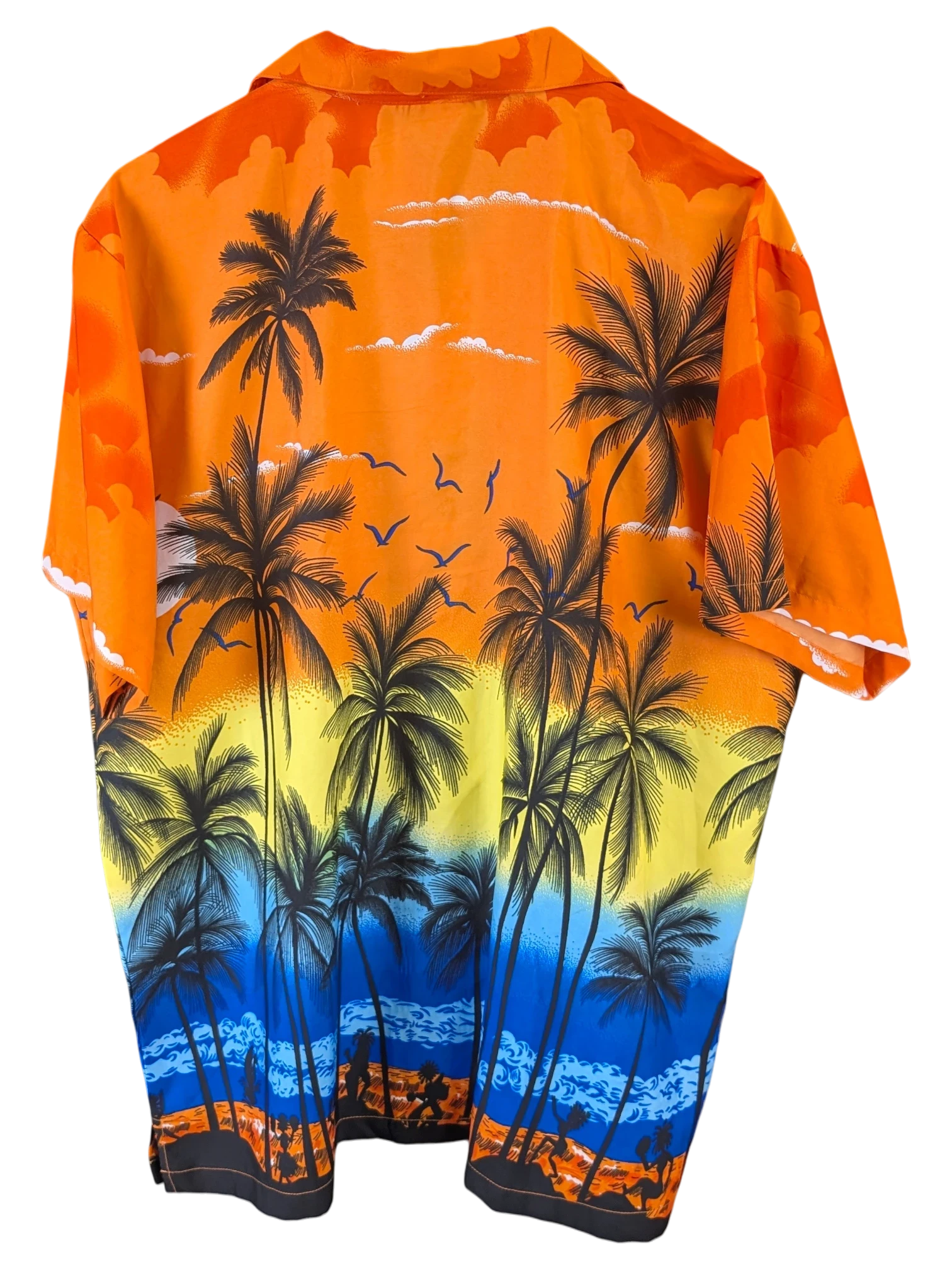 JAKE & IPI King Kahema Hawaiian shirt featuring a vibrant orange, yellow, and blue tropical sunset palm tree print