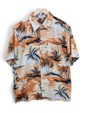 JAKE & IPI New Base Hawaiian shirt featuring a tropical palm tree and floral print in orange, black, and cream.
