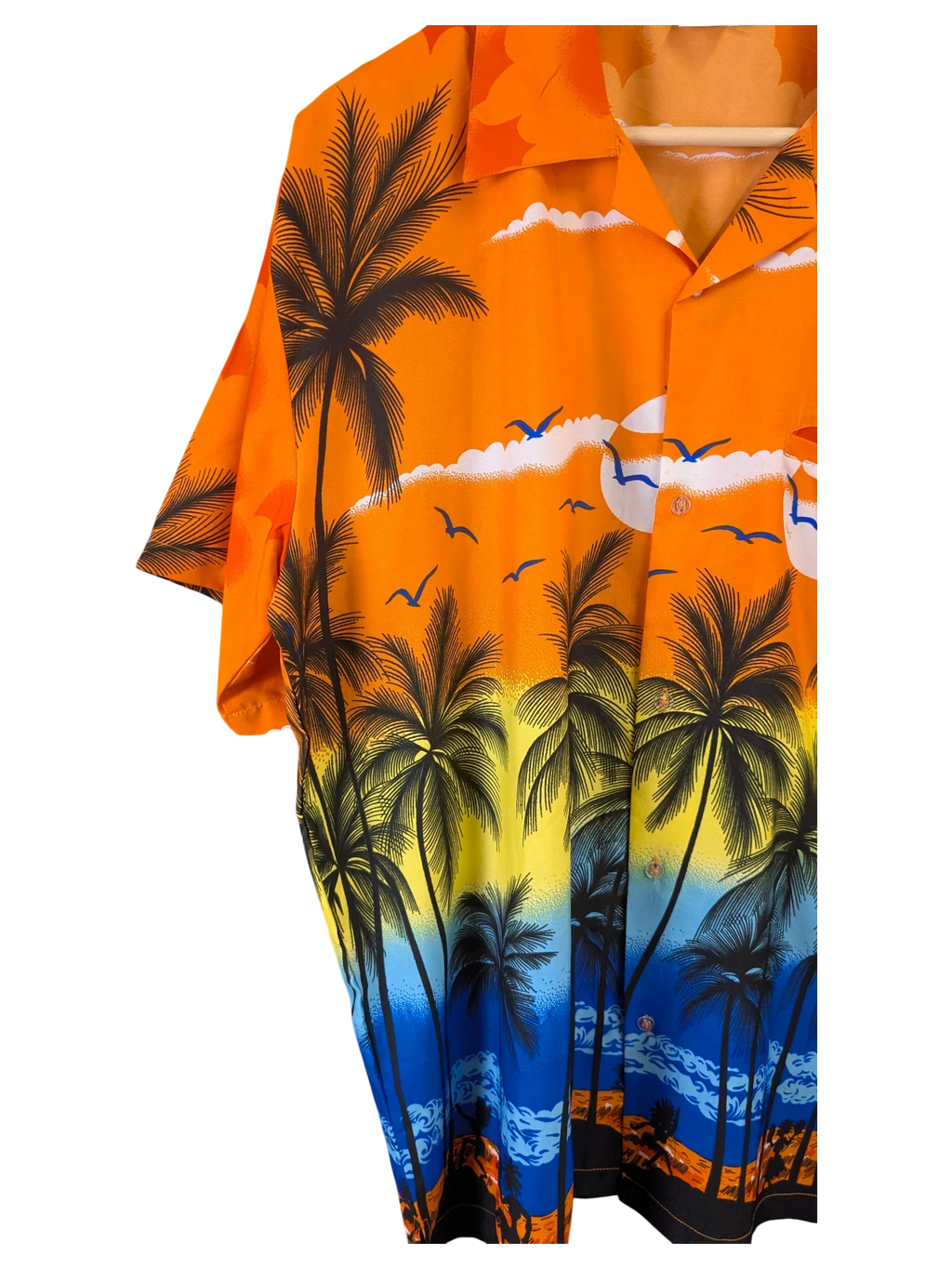 JAKE & IPI King Kahema Hawaiian shirt featuring a vibrant orange to blue sunset tropical palm tree beach print