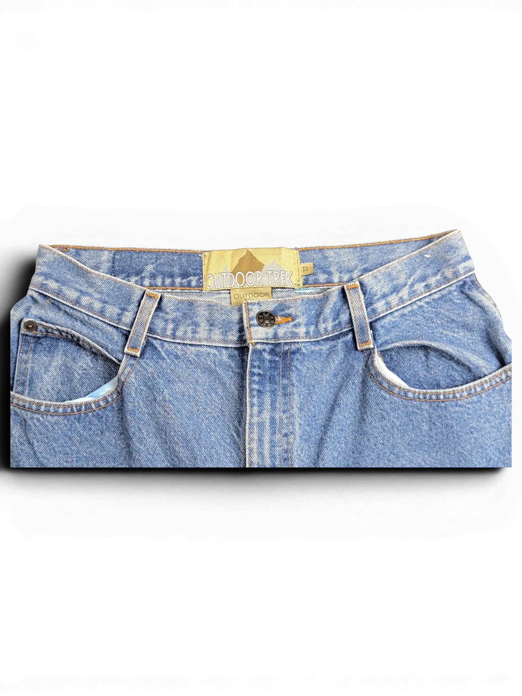 JAKE & IPI Outdoor Trek blue denim jeans with a branded waistband label and metal button closure