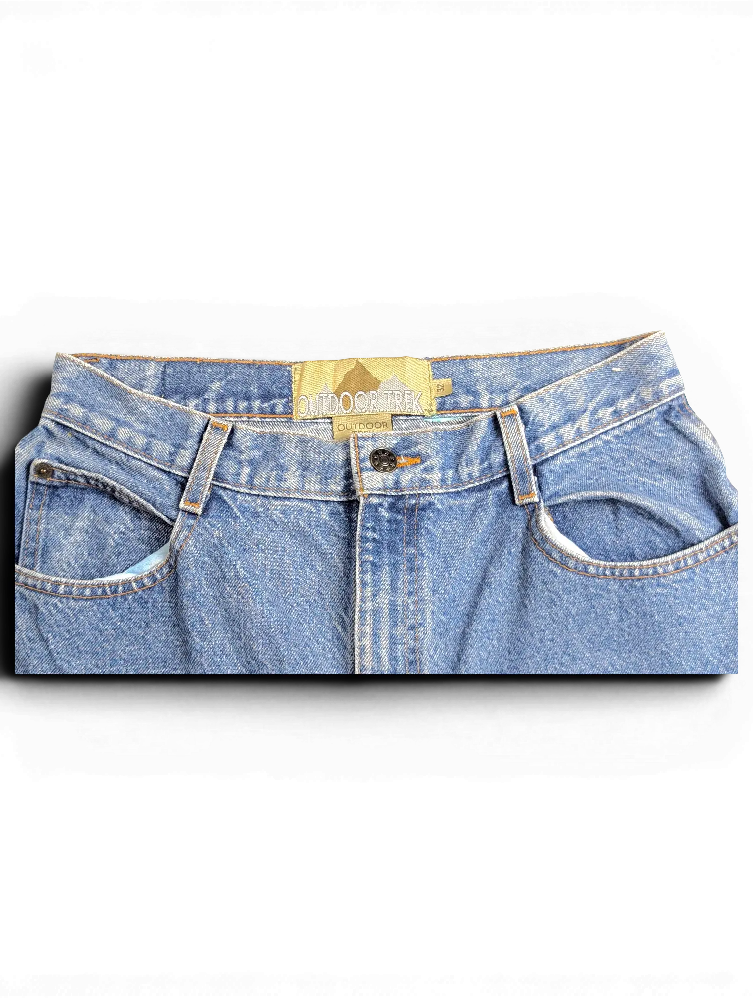 JAKE & IPI Outdoor Trek blue denim jeans with a branded waistband label and metal button closure
