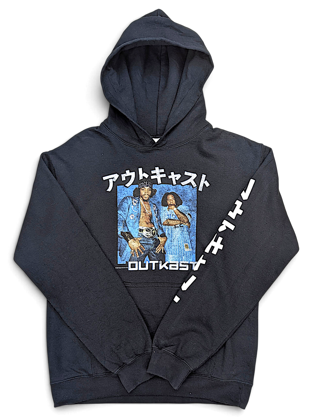 JAKE & IPI black hoodie featuring an Outkast graphic print with Japanese text on the front and sleeve