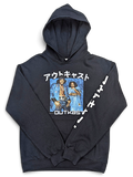 JAKE & IPI black hoodie featuring an Outkast graphic print with Japanese text on the front and sleeve